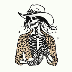 Cowgirl Female skeleton with leopard print close Holding Hands. Cowboy Western American Cartoon Animal Clipart Line Art Vector Illustration. .