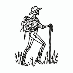 Cowgirl Female skeleton with leopard print hiking. Cowboy Western American Cartoon Animal Clipart Line Art Vector Illustration. .