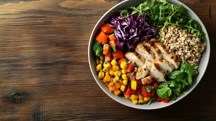 Warm grilled chicken salad with vetgetable. Close up. Top view. wooden background.