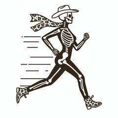 Cowgirl Female skeleton with leopard print jogging. Cowboy Western American Cartoon Animal Clipart Line Art Vector Illustration. girl bony frame in spotted run apparel fitness.