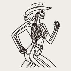 Cowgirl Female skeleton with leopard print jogging. Cowboy Western American Cartoon Animal Clipart Line Art Vector Illustration. girl bone structure in spotted legging doing run exercise.