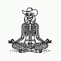 Cowgirl Female skeleton with leopard print meditation. Cowboy Western American Cartoon Animal Clipart Line Art Vector Illustration. .