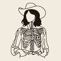 Cowgirl Female skeleton with leopard print peeking. Cowboy Western American Cartoon Animal Clipart Line Art Vector Illustration. .
