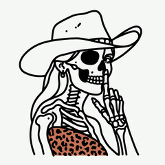 Cowgirl Female skeleton with leopard print peeking pose. Cowboy Western American Cartoon Animal Clipart Line Art Vector Illustration. .