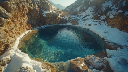 Turquoise pool nestled in a snowy mountain hollow.