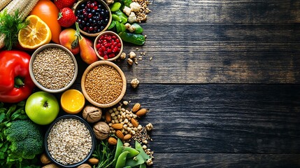 A top-down view of an assortment of nutritious foods, including fresh vegetables, fruits, nuts, and whole grains, arranged on a rustic wooden background. 