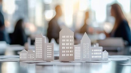 Business professionals engage in real estate strategy discussions with architectural models displayed in the foreground
