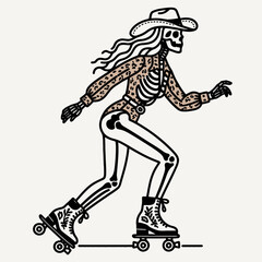 Cowgirl Female skeleton with leopard print play roller skate. Cowboy Western American Cartoon Animal Clipart Line Art Vector Illustration. .