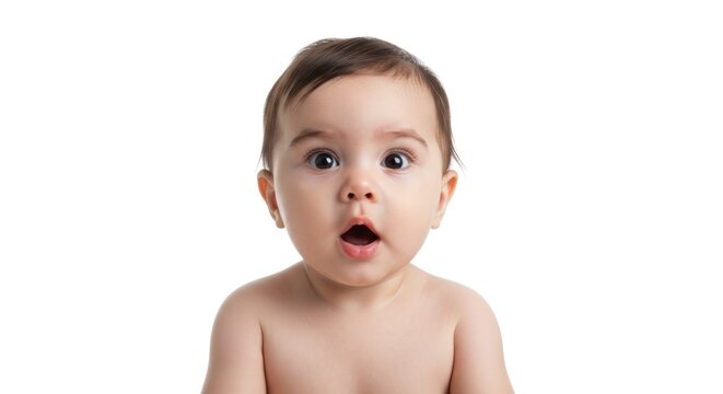 Baby with surprised expression looking directly at the viewer on white background.