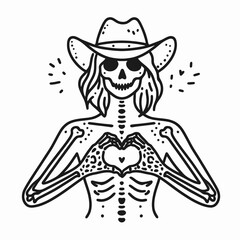 Cowgirl Female skeleton with leopard print Making a heart shape hands together. Cowboy Western American Cartoon Animal Clipart Line Art Vector Illustration. .