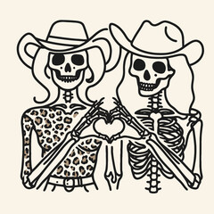Cowgirl Female skeleton with leopard print Making a heart shape hands together. Cowboy Western American Cartoon Animal Clipart Line Art Vector Illustration. .