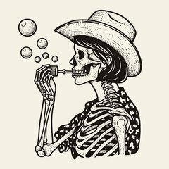 Cowgirl Female skeleton with leopard print Blowing bubbles. Cowboy Western American Cartoon Animal Clipart Line Art Vector Illustration. gal bony figure feline pattern creating sphere.