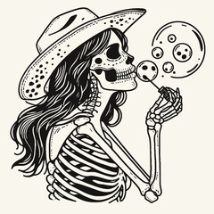 Cowgirl Female skeleton with leopard print Blowing bubbles. Cowboy Western American Cartoon Animal Clipart Line Art Vector Illustration. girl bone figure wildcat pattern making air globes.