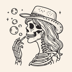 Cowgirl Female skeleton with leopard print Blowing bubbles. Cowboy Western American Cartoon Animal Clipart Line Art Vector Illustration. woman bone form feline pattern making floating.