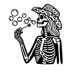 Cowgirl Female skeleton with leopard print Blowing bubbles. Cowboy Western American Cartoon Animal Clipart Line Art Vector Illustration. gal bone figure wildcat pattern making air globes.