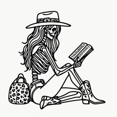 Cowgirl Female skeleton with leopard print Sitting back to reading. Cowboy Western American Cartoon Animal Clipart Line Art Vector Illustration. .