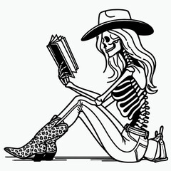 Cowgirl Female skeleton with leopard print Sitting back to reading. Cowboy Western American Cartoon Animal Clipart Line Art Vector Illustration. .