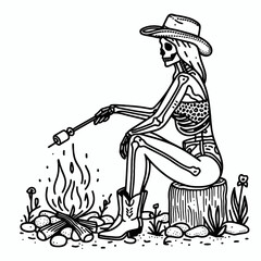 Cowgirl Female skeleton with leopard print roasting marshmallows. Cowboy Western American Cartoon Animal Clipart Line Art Vector Illustration. .