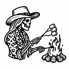 Cowgirl Female skeleton with leopard print roasting marshmallows. Cowboy Western American Cartoon Animal Clipart Line Art Vector Illustration. .