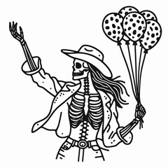 Cowgirl Female skeleton with leopard print Holding balloons or releasing them together. Cowboy Western American Cartoon Animal Clipart Line Art Vector Illustration. .