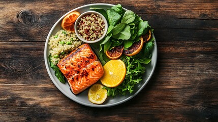 Balanced meal featuring grilled salmon, quinoa, fresh greens, and citrus fruits, plated on a wooden table with natural lighting. The left portion of the frame remains clear for custom text.