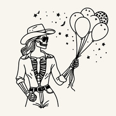 Cowgirl Female skeleton with leopard print Holding balloons or releasing them together. Cowboy Western American Cartoon Animal Clipart Line Art Vector Illustration. .