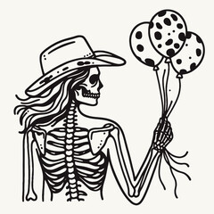 Cowgirl Female skeleton with leopard print Holding balloons or releasing them together. Cowboy Western American Cartoon Animal Clipart Line Art Vector Illustration. .