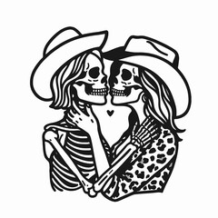 Cowgirl Female skeleton with leopard print Holding each others faces for a kiss. Cowboy Western American Cartoon Animal Clipart Line Art Vector Illustration. .