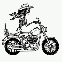 Cowgirl Female skeleton with leopard print ride a classic motorcycle. Cowboy Western American Cartoon Animal Clipart Line Art Vector Illustration. .