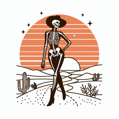Cowgirl Female skeleton with leopard print Romantic Sunset Stroll. Cowboy Western American Cartoon Animal Clipart Line Art Vector Illustration. girl bone figure feline design evening walk.