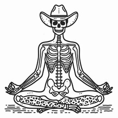 Cowgirl Female skeleton with leopard print meditation. Cowboy Western American Cartoon Animal Clipart Line Art Vector Illustration. gal bony figure in feline pattern doing contemplation yoga.