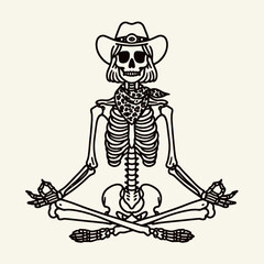 Cowgirl Female skeleton with leopard print meditation. Cowboy Western American Cartoon Animal Clipart Line Art Vector Illustration. .