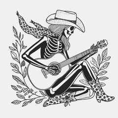 Cowgirl Female skeleton with leopard print Playing autumn leaves. Cowboy Western American Cartoon Animal Clipart Line Art Vector Illustration. .