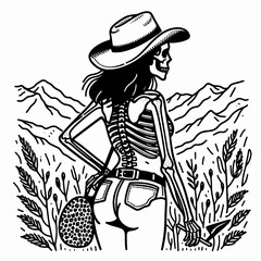 Cowgirl Female skeleton with leopard print Exploring nature. Cowboy Western American Cartoon Animal Clipart Line Art Vector Illustration. .