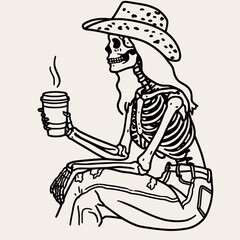 Cowgirl Female skeleton with leopard print Drinking coffee together. Cowboy Western American Cartoon Animal Clipart Line Art Vector Illustration. .