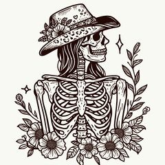 Cowgirl Female skeleton with leopard print Incorporating Flowers. Cowboy Western American Cartoon Animal Clipart Line Art Vector Illustration. .
