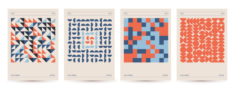 Retro colors covers or posters template with geometric pattern , vector abstract circle, triangle and square art. Trendy bauhaus pattern backgrounds op-art collection. Vector