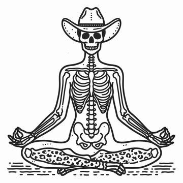 Cowgirl Female skeleton with leopard print meditation. Cowboy Western American Cartoon Animal Clipart Line Art Vector Illustration. gal bony figure in feline pattern doing contemplation yoga.