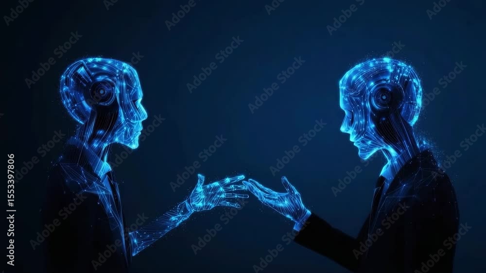 Poster two futuristic humanoid robots with glowing blue circuitry interact and communicate digital environm