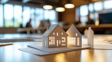 Business professionals engage in real estate strategy discussions with architectural models displayed in the foreground
