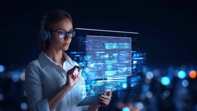Young woman with headphones and glasses interacts with futuristic digital interface and virtual reality tablet modern city night, showcasing technology, innovation, and future of digital urban life - Powered by Adobe