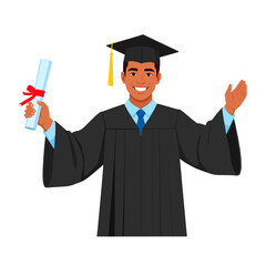 Smiling young graduate with cap, gown, and diploma in hand. Vector illustration in flat style, celebrating graduation, academic success, and educational achievement.