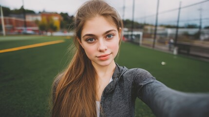 Beaytiful sport style girl is taking selfie. Positive sport and activity  background