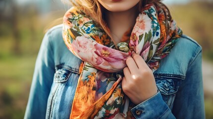 Stylish woman wearing floral scarf and denim jacket for spring fashion and casual everyday look style