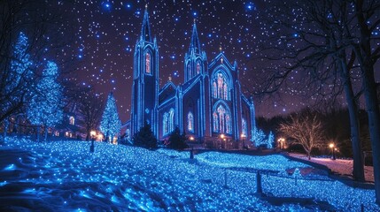 A church adorned with blue Christmas lights on a snowy night.