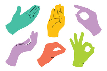 Obraz premium Colorful Hand Illustrations Depicting Various Gestures on White Background, Flat Style Design