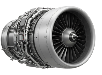 Detailed view of a modern jet engine turbofan with intricate components isolated on transparent background