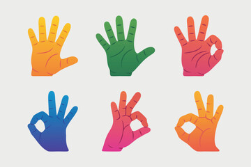 Colorful Hands Expressing OK Gesture and Open Palms on Light Background Illustration