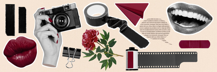 Trend artwork composite 3D photo collage design of set hand hold cam film tape scotch lips kiss smile teeth flower peony speech cloud