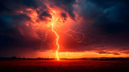A dramatic intense lightning strike illuminates the dark stormy sky over a vast open field du a vibrant sunset creating a fiery and powerful scene.